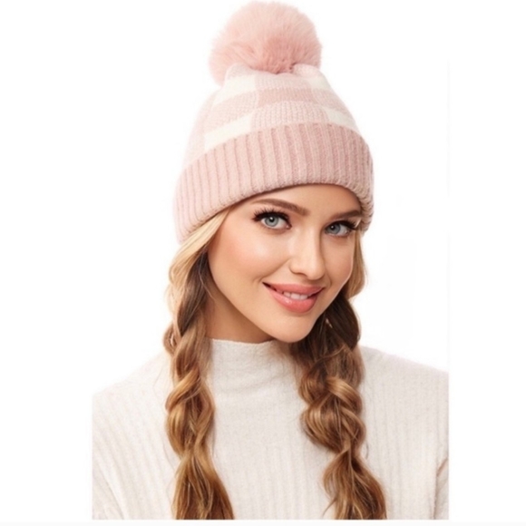 Love Of Fashion Accessories - Pink Buffalo Plaid Warm Fall Winter Women's Pom Pom Hat-New